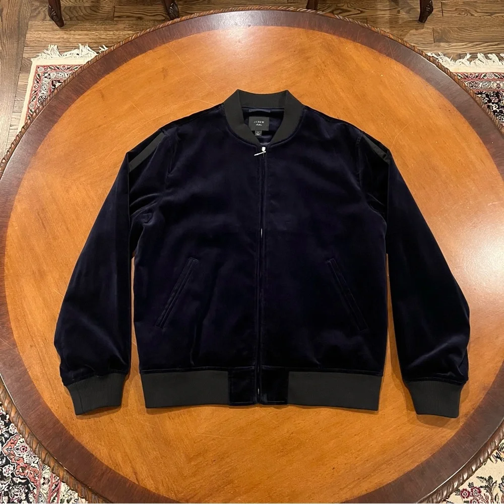 NEW NWOT J.Crew Ludlow Navy Velvet Bomber Jacket Tuxedo Stripe Navy Large